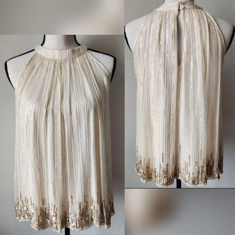 2018 New With Tags Ranna Gill‎ Anthropologie Small Nude Gold Sequence Halter Top